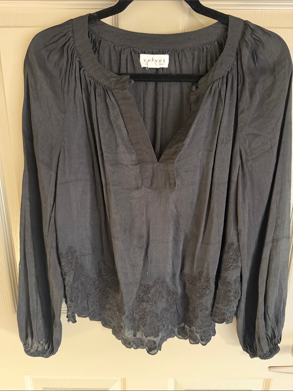 Velvet Black Embroidered Peasant Blouse
